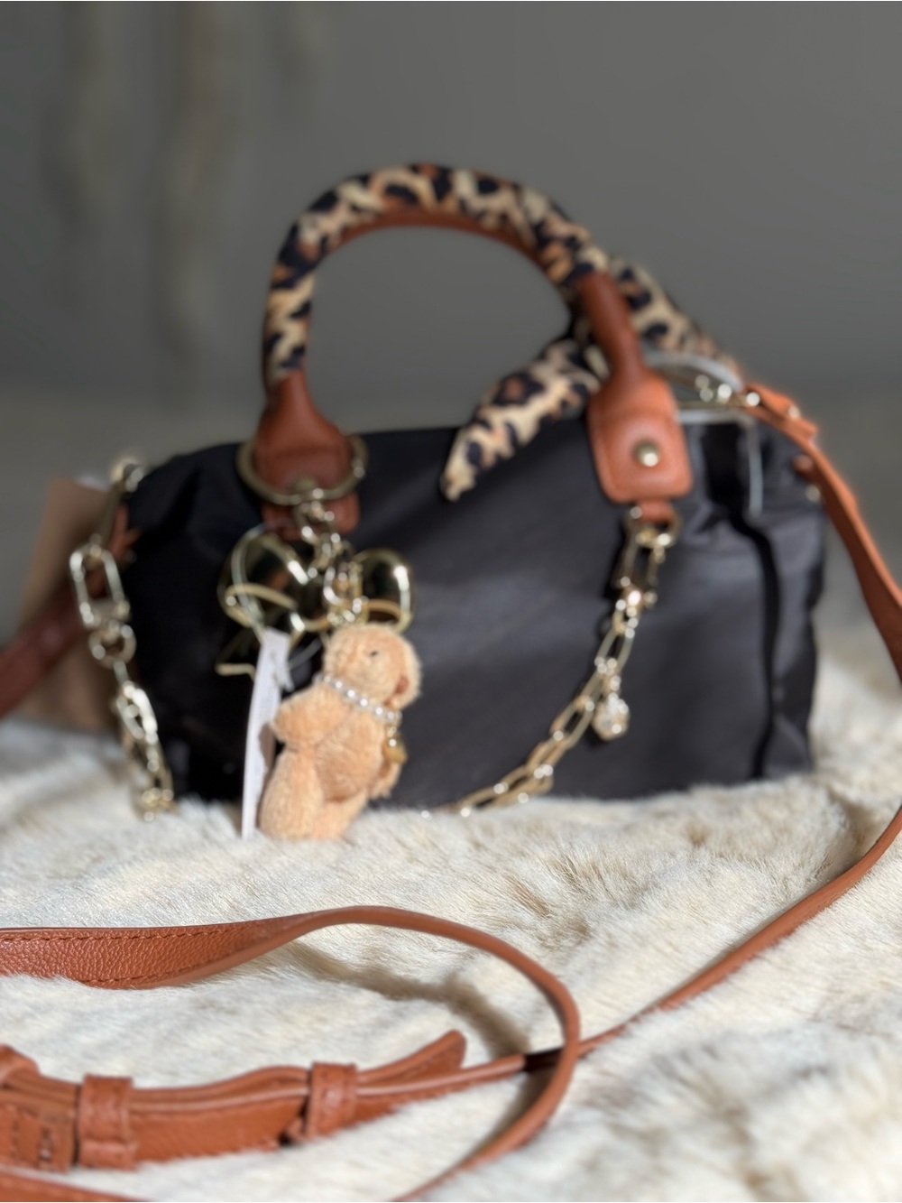 Madden Girl Black Shoulder Bag with Brown Leather & Leopard Handle